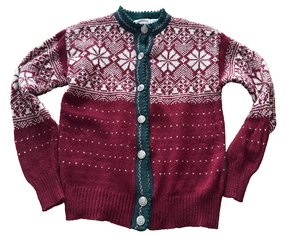 Cambridge Dry Goods Nordic Fair Isle Wool Cardigan L Red Green Metal Buttons